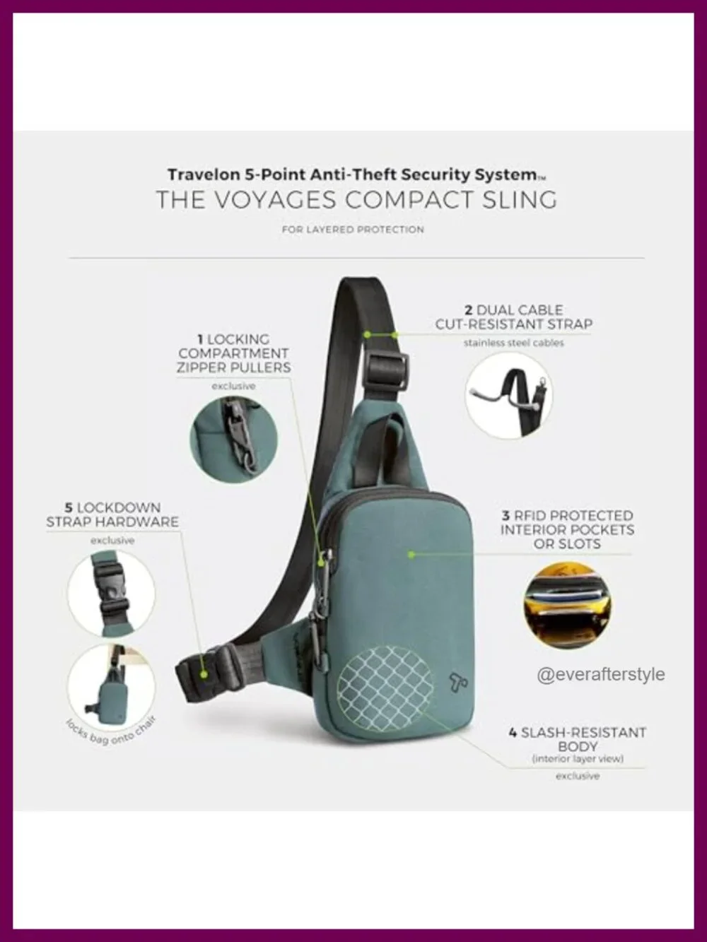 Anti-Theft Travelon Voyages Compact Sling Bag RFID Blocking Adjustable Strap